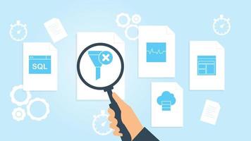 Database, server, template file, document research vector illustration. Document with search icons. File and magnifying glass. Analytics research sign. Vector Illustration on white background