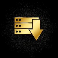 Database, server, down gold icon. Vector illustration of golden particle background.