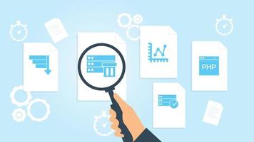 Database, server, pup file, document research vector illustration. Document with search icons. File and magnifying glass. Analytics research sign. Vector Illustration on white background