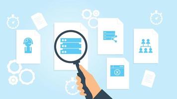Database, server, network file, document research vector illustration. Document with search icons. File and magnifying glass. Analytics research sign. Vector Illustration on white background