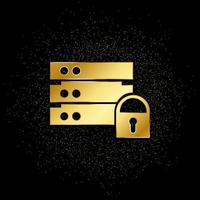 Database, server, clock gold icon. Vector illustration of golden particle background.