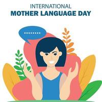 illustration vector graphic of a woman is talking, showing a background of leaves, perfect for international day, mother language day, celebrate, greeting card, etc.