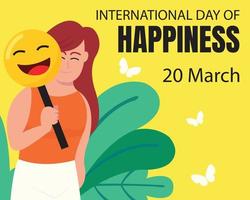 ilustración gráfica vectorial de una chica sosteniendo una máscara emoji riéndose, perfecta para el día internacional, día internacional de la felicidad, celebración, tarjeta de felicitación, etc. vector