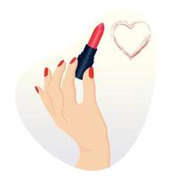 Hand with red manicure holding red lipstick. Drawn red heart. Makeup. Vector illustration