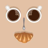 Cups of coffee, spoon and croissant. Top view. Funny composition. Vector illustration.