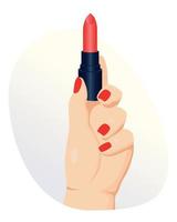 Hand with red manicure holding red lipstick. Makeup. Vector illustration.