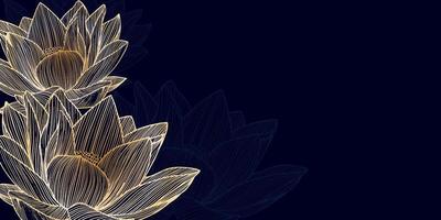 Golden lotus line art on dark blue background. Wallpaper design with lotus. Copy space. Vector illustration.