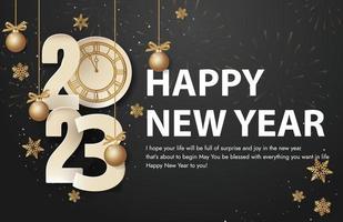 Happy new year 2023. Celebration background  Vector party balloons illustration. Confetti and ribbons flag ribbons, Celebration background template dark black background. Holiday greeting card design.