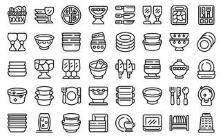 Tableware icons set outline vector. Glass teapot vector