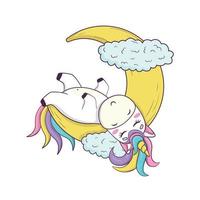 Cute kawaii unicorn with rainbow mane and anime style horn sleeps on crescent moon vector