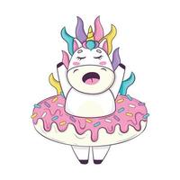 lindo unicornio kawaii con melena de arcoíris y cuerno estilo anime subido a una dona vector