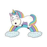 un lindo unicornio kawaii con una melena de arco iris y un cuerno en estilo anime duerme en un arco iris vector