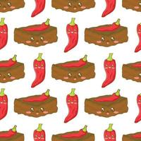 Seamless pattern with mexican chili brownie and peppers with funny faces in doodle cartoon style isolated on white background vector