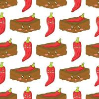 Seamless pattern with mexican chili brownie and peppers with funny faces in doodle cartoon style isolated on white background vector