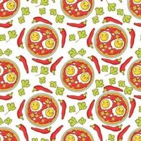 Seamless pattern with mexican baltun scrambled eggs Huevos rancheros with salsa and funny faces in doodle cartoon style isolated on white background vector