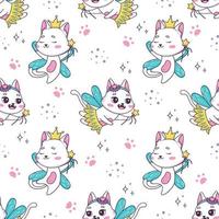 Seamless pattern with cute fairy cats with a magic wand flying and dancing decoration for children's products. vector