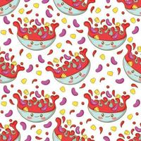 Seamless pattern with Mexican bean soup with funny faces in doodle cartoon style isolated on white background vector