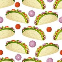 Seamless pattern with mexican food tacos, onion and tomato rings. Fast food restaurant and street food snacks, meat tortillas, takeaway food delivery vector