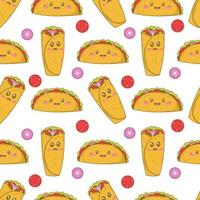 Seamless pattern with mexican burritos and tacos with funny faces in doodle cartoon style isolated on white background vector