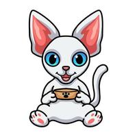 Cute devon rex cat cartoon holding food bowl vector