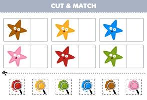 Education game for children cut and match the same color of cute cartoon starfish printable underwater worksheet vector