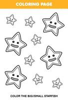 Education game for children coloring page big or small picture of cute cartoon starfish line art printable underwater worksheet vector