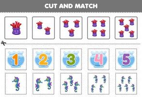 Education game for children cut and match the same number of cute cartoon seahorse and anemone printable underwater worksheet vector