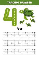 juego educativo para niños rastreando el número cuatro con una linda caricatura de tortuga hoja de trabajo subacuática imprimible vector