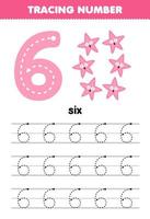 Education game for children tracing number six with cute cartoon starfish picture printable underwater worksheet vector