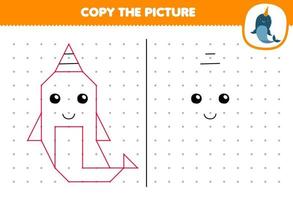 Education game for children copy cute cartoon narwhal picture by connecting the dot printable underwater worksheet vector