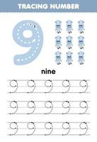 Education game for children tracing number nine with cute cartoon squid picture printable underwater worksheet vector