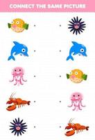 juego educativo para niños conectar la misma imagen de dibujos animados pez delfín medusa langosta erizo hoja de trabajo subacuática imprimible vector