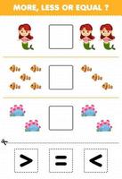 Education game for children count more less or equal of cartoon mermaid fish coral then cut and glue the correct sign underwater worksheet vector