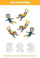 Education game for children count the pictures and color the correct number from cute cartoon diver printable underwater worksheet vector