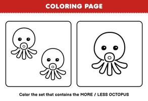 Education game for children coloring page more or less picture of cute cartoon octopus line art set printable underwater worksheet vector