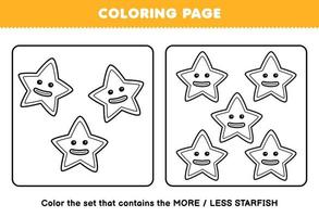 Education game for children coloring page more or less picture of cute cartoon starfish line art set printable underwater worksheet vector