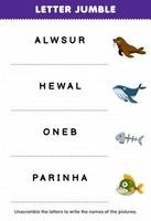 Education game for children letter jumble write the correct name for cute cartoon walrus whale bone piranha printable underwater worksheet vector