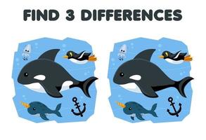 Education game for children find three differences between two cute cartoon orca with narwhal and penguin printable underwater worksheet vector