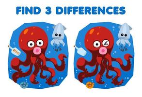 Education game for children find three differences between two cute cartoon octopus and squid printable underwater worksheet vector