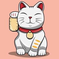 Maneki neko cat cartoon. Vector illustration of a white fat cat with raised paws holding a gold coin. Japanese symbol of luck, wealth and prosperity.