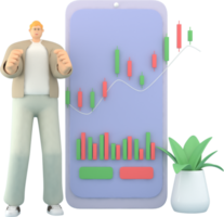 een mannetje karakter presentatie de infographic Aan mobiel scherm. 3d renderen van bedrijf modellen png