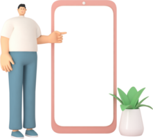 A male character presentation   on the mobile white screen. 3d rendering of business models. Includes paths at the screen surface. png