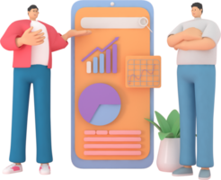dos personajes masculinos presentan la infografía en la pantalla del móvil. Representación 3d de modelos de negocio.