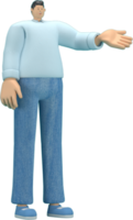 tekenfilm karakter vervelend jeans en lang shirt. hij is uitdrukking van lichaam en hand- wanneer praten. 3d renderen in toneel spelen. png