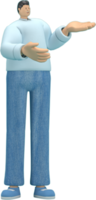 personnage de dessin animé portant un jean et une chemise longue. il est l'expression du corps et de la main lorsqu'il parle. Rendu 3D en agissant. png