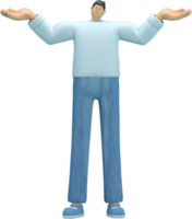 cartoon character wearing jeans and  long shirt. He is expression  of body and hand when talking. 3d rendering in acting. png