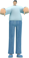 cartoon character wearing jeans and  long shirt. He is expression  of body and hand when talking. 3d rendering in acting. png