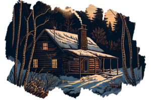 pequena cabana de madeira na floresta de inverno. ilustração estilo linogravura png