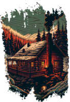 Small wooden cabin in winter forest. Linocut style illustration png