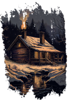 pequeña cabaña de madera en el bosque de invierno. ilustración de estilo linóleo png